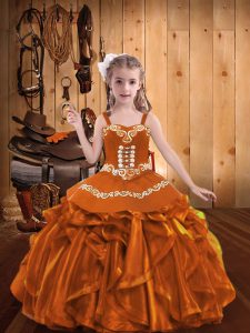 Latest Organza Straps Sleeveless Lace Up Embroidery and Ruffles Little Girl Pageant Gowns in Orange
