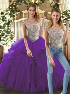 Sleeveless Organza Floor Length Lace Up Sweet 16 Dress in Purple with Beading and Ruffles