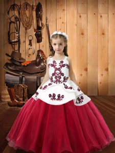 Popular Coral Red Ball Gowns Organza Straps Sleeveless Embroidery Floor Length Lace Up Pageant Dress for Girls