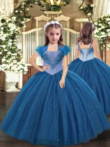 Sleeveless Tulle Floor Length Lace Up Little Girl Pageant Dress in Blue with Beading