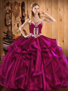 Low Price Embroidery and Ruffles Sweet 16 Dress Fuchsia Lace Up Sleeveless Floor Length