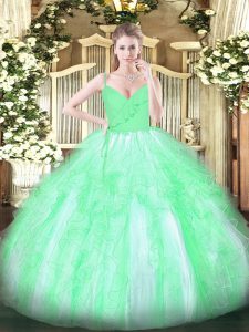 Fantastic Sleeveless Organza Floor Length Zipper Quinceanera Dress in Apple Green with Ruffles