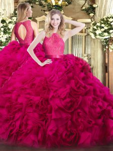 Cheap Hot Pink Scoop Neckline Lace Ball Gown Prom Dress Sleeveless Zipper