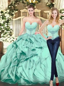 Fashionable Apple Green Organza Lace Up Quinceanera Dress Sleeveless Floor Length Beading and Ruffles