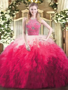 Affordable Halter Top Sleeveless Tulle Quinceanera Dresses Beading and Ruffles Zipper