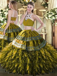 Traditional Olive Green Two Pieces Tulle High-neck Sleeveless Beading and Ruffles Floor Length Backless 15 Quinceanera Dress