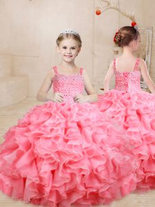 Watermelon Red Ball Gowns Organza Straps Sleeveless Beading and Ruffles Floor Length Lace Up Little Girl Pageant Gowns