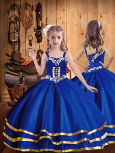 Customized Royal Blue Organza Lace Up Little Girls Pageant Dress Sleeveless Floor Length Embroidery and Ruffled Layers