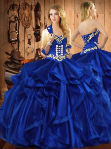 Latest Royal Blue Sleeveless Floor Length Embroidery and Ruffles Lace Up 15th Birthday Dress