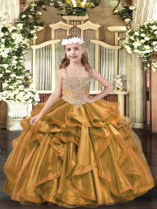 Beading and Ruffles Little Girls Pageant Gowns Brown Lace Up Sleeveless Floor Length