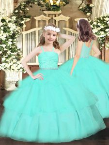 Fancy Floor Length Apple Green Girls Pageant Dresses Straps Sleeveless Zipper