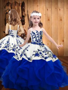 Top Selling Floor Length Royal Blue Little Girl Pageant Dress Straps Sleeveless Lace Up