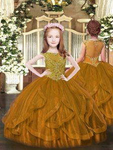 Ball Gowns Kids Pageant Dress Brown Scoop Tulle Sleeveless Floor Length Zipper