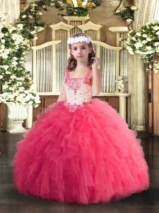 Best Hot Pink Sleeveless Beading and Ruffles Floor Length Girls Pageant Dresses