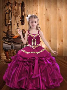 Fuchsia Pageant Gowns For Girls Party and Sweet 16 and Quinceanera and Wedding Party with Embroidery and Ruffles Straps Sleeveless Lace Up