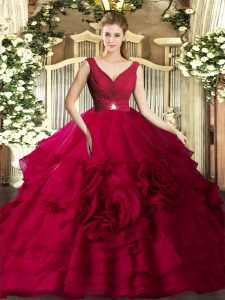 Deluxe Red V-neck Neckline Beading and Ruffles Quinceanera Gowns Sleeveless Backless