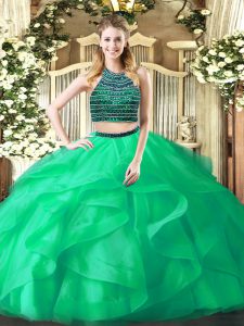 Amazing Ball Gowns Quince Ball Gowns Turquoise Halter Top Organza Sleeveless Floor Length Zipper