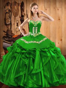 Hot Sale Sleeveless Floor Length Embroidery and Ruffles Lace Up Sweet 16 Dress with Green