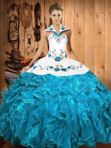 Romantic Sleeveless Lace Up Floor Length Embroidery and Ruffles Sweet 16 Quinceanera Dress