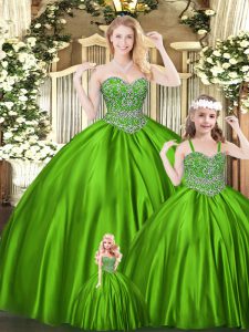 Floor Length Lace Up Quinceanera Gown Green for Military Ball and Sweet 16 and Quinceanera with Beading
