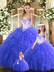 Blue Sweetheart Neckline Beading and Ruffles Quinceanera Dress Sleeveless Lace Up