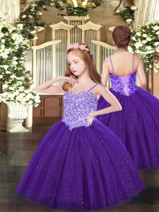 Latest Sleeveless Tulle Floor Length Lace Up Pageant Gowns For Girls in Purple with Appliques