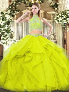 Fashion Yellow Green Backless Quinceanera Dresses Beading and Ruffles Sleeveless Floor Length