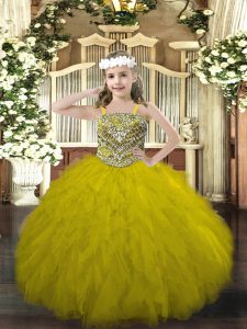 Floor Length Ball Gowns Sleeveless Olive Green Kids Pageant Dress Lace Up