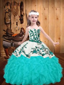 Affordable Aqua Blue Organza Zipper Pageant Dress for Teens Sleeveless Floor Length Embroidery and Ruffles