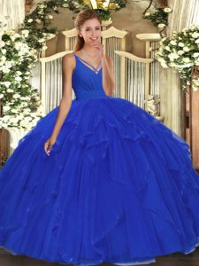 V-neck Sleeveless Backless Quinceanera Gown Blue Tulle