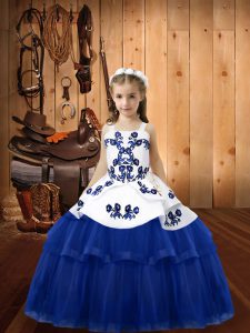 Inexpensive Blue Lace Up Straps Embroidery Kids Formal Wear Tulle Sleeveless