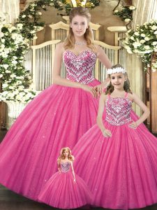 Top Selling Hot Pink Sweetheart Neckline Beading 15 Quinceanera Dress Sleeveless Lace Up
