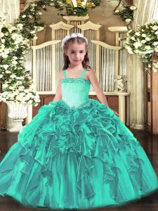 Organza Sleeveless Floor Length Little Girl Pageant Gowns and Appliques and Ruffles