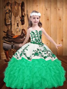 Organza Straps Sleeveless Lace Up Embroidery and Ruffles Little Girl Pageant Gowns in Turquoise