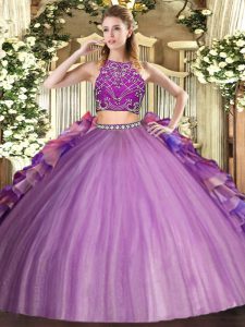 Wonderful Multi-color High-neck Neckline Beading and Ruffles Ball Gown Prom Dress Sleeveless Zipper