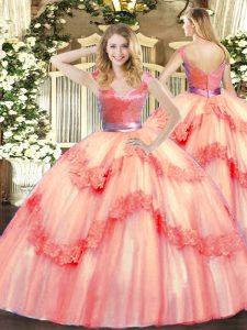Deluxe Watermelon Red Zipper V-neck Beading and Appliques Quinceanera Dresses Tulle Sleeveless