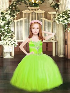 Sleeveless Tulle Floor Length Lace Up Pageant Dress Toddler in Yellow Green with Beading