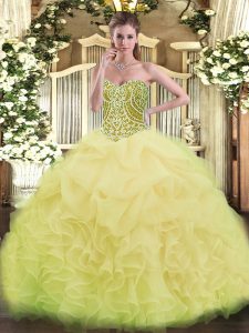 Comfortable Sleeveless Organza Asymmetrical Lace Up 15th Birthday Dress in Yellow Green with Ruffles