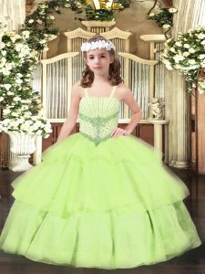 Great Yellow Green Straps Neckline Beading and Ruffled Layers Kids Formal Wear Sleeveless Lace Up