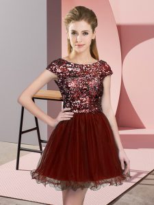 Attractive Wine Red Cap Sleeves Mini Length Sequins Zipper Court Dresses for Sweet 16
