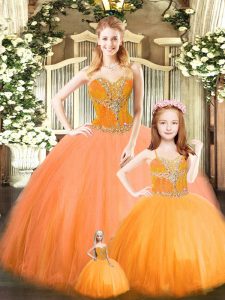 Orange Red Ball Gowns Beading Ball Gown Prom Dress Lace Up Tulle Sleeveless Floor Length