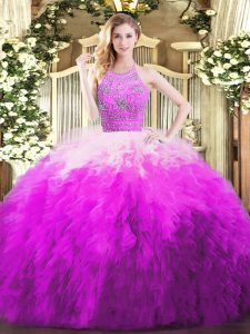 Multi-color Ball Gowns Beading and Ruffles Ball Gown Prom Dress Zipper Tulle Sleeveless Floor Length