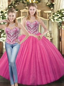 Custom Fit Floor Length Hot Pink Quinceanera Gown Sweetheart Sleeveless Lace Up