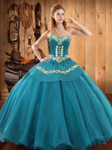 Simple Sweetheart Sleeveless Lace Up Quince Ball Gowns Teal Tulle