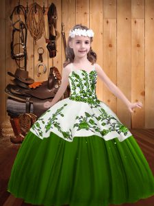 Fancy Floor Length Lace Up Kids Pageant Dress Green for Sweet 16 and Quinceanera with Embroidery