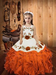 Orange Red Organza Lace Up Little Girls Pageant Dress Wholesale Sleeveless Floor Length Embroidery and Ruffles