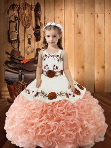 Top Selling Floor Length Lace Up Kids Pageant Dress Peach for Sweet 16 and Quinceanera with Embroidery and Ruffles