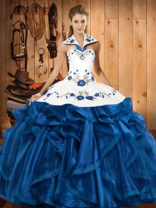 Blue Lace Up Halter Top Embroidery and Ruffles Vestidos de Quinceanera Satin and Organza Sleeveless