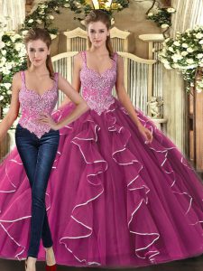 Fabulous Straps Sleeveless Tulle Vestidos de Quinceanera Beading and Ruffles Lace Up