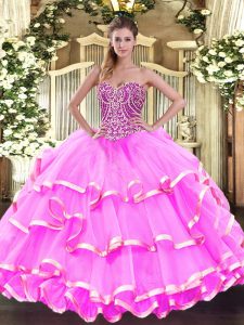 Sweetheart Sleeveless Quince Ball Gowns Floor Length Beading and Ruffled Layers Rose Pink Organza